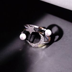 Silver Celestial Moon Stars Pearls Open Band Wrap Ring NEW